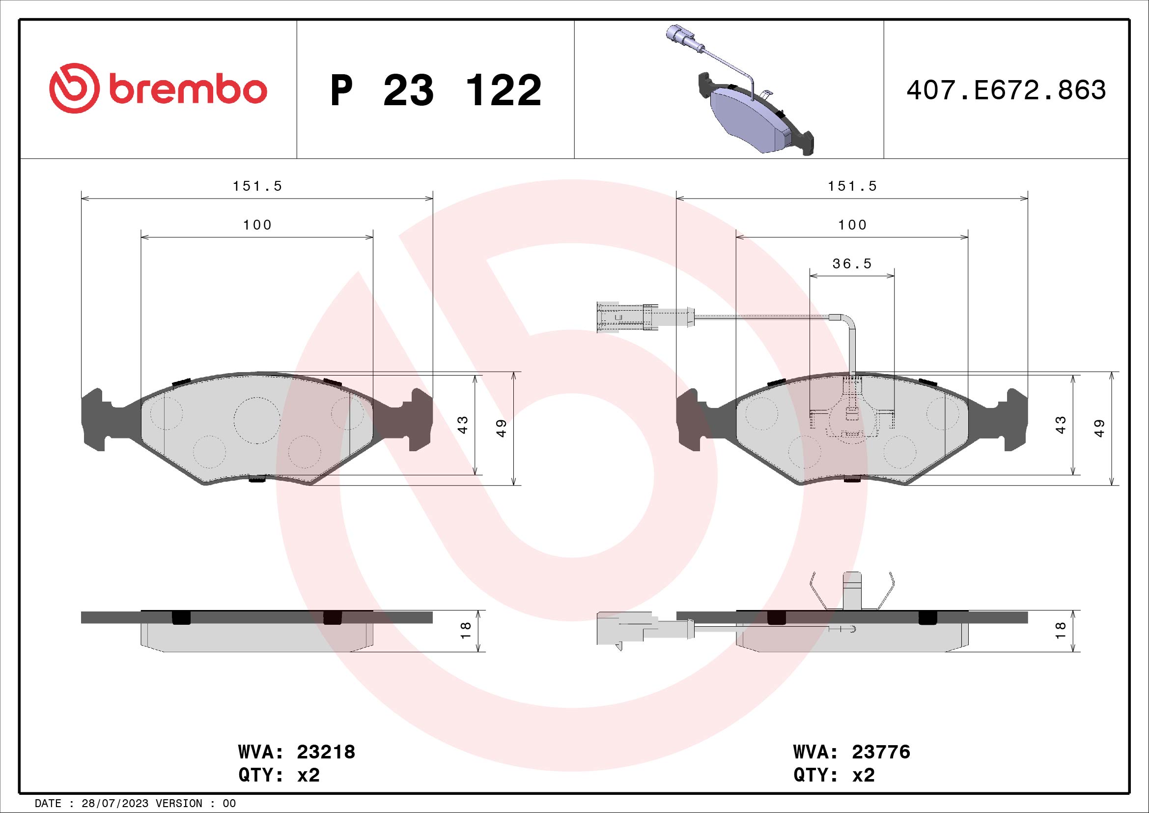 A.B.S. P 23 122 BREMBO Bremsbelagsatz, Scheibenbremse